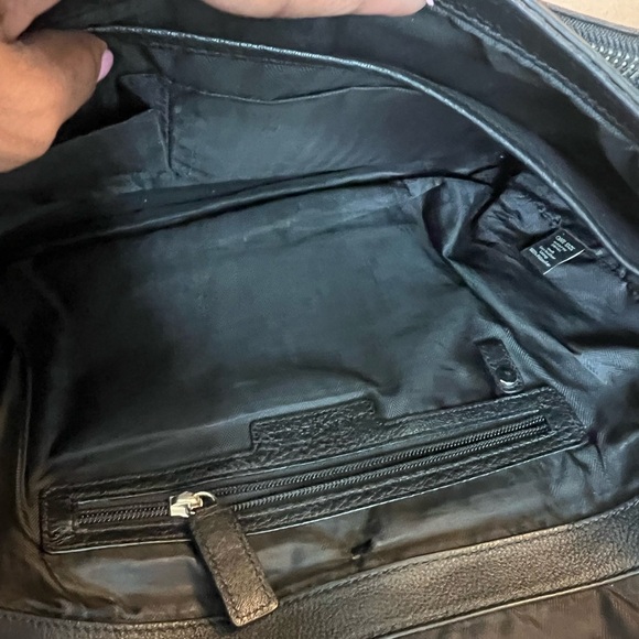 Banana Republic Black Pebbled Genuine Leather Messenger Laptop Bag Fabric Strap - Picture 6 of 13